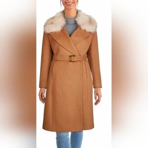 NWT Cole Haan Wool-Blend Faux Fur Coat